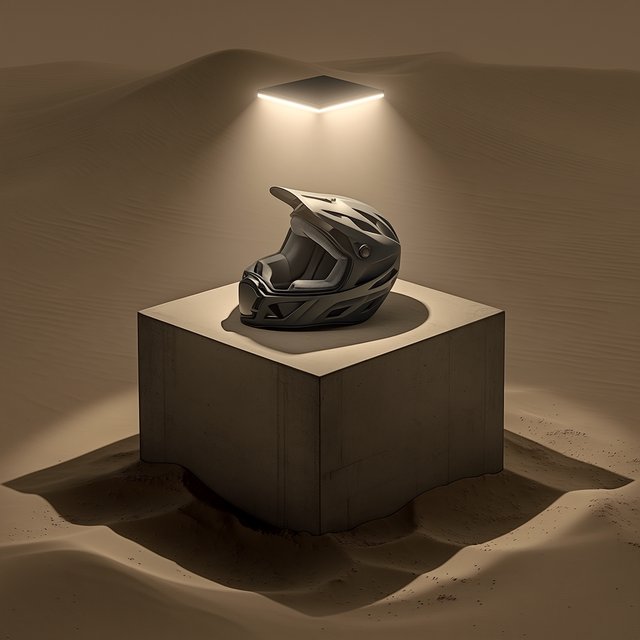 Commercial product photograph of an unbranded folding bicycle helmet made from matte charcoal polymer with soft gray padding, resting on a honed concrete plinth against a muted sand background, illuminated by a broad overhead softbox and gentle rim light. — Midjourney Niji 7