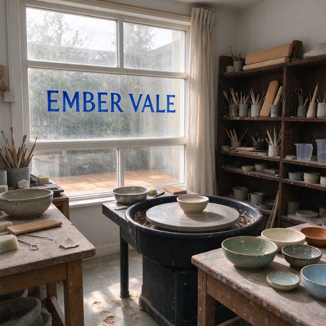 Inside a sunlit ceramics studio, glazed bowls dry beside a turning wheel and shelves of clay tools; "EMBER VALE" is painted in cobalt capitals on the front window. — Seedream 5.0 Flash