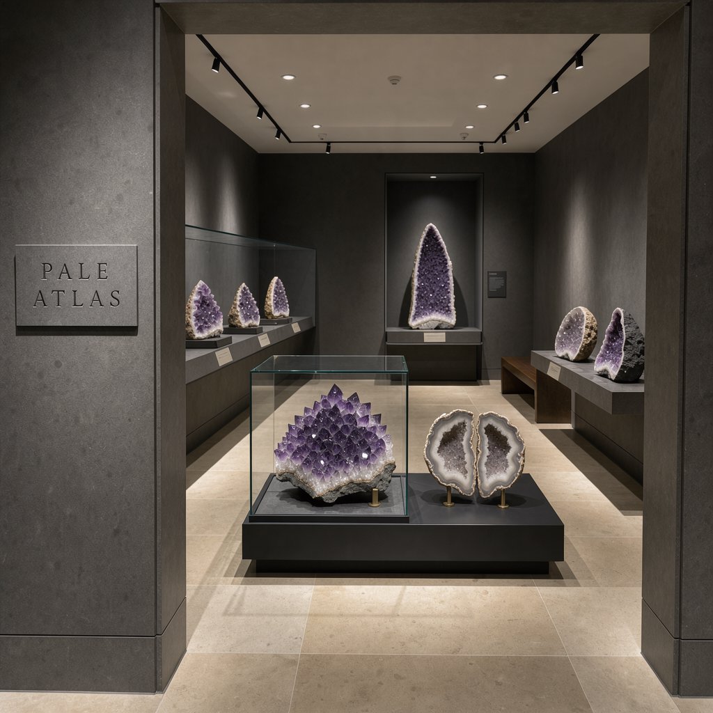 Within a quiet mineral gallery, amethyst clusters and polished geodes catch pools of light; "PALE ATLAS" is carved in clean capitals across a slate plaque beside the entrance. — FLUX 3 Image