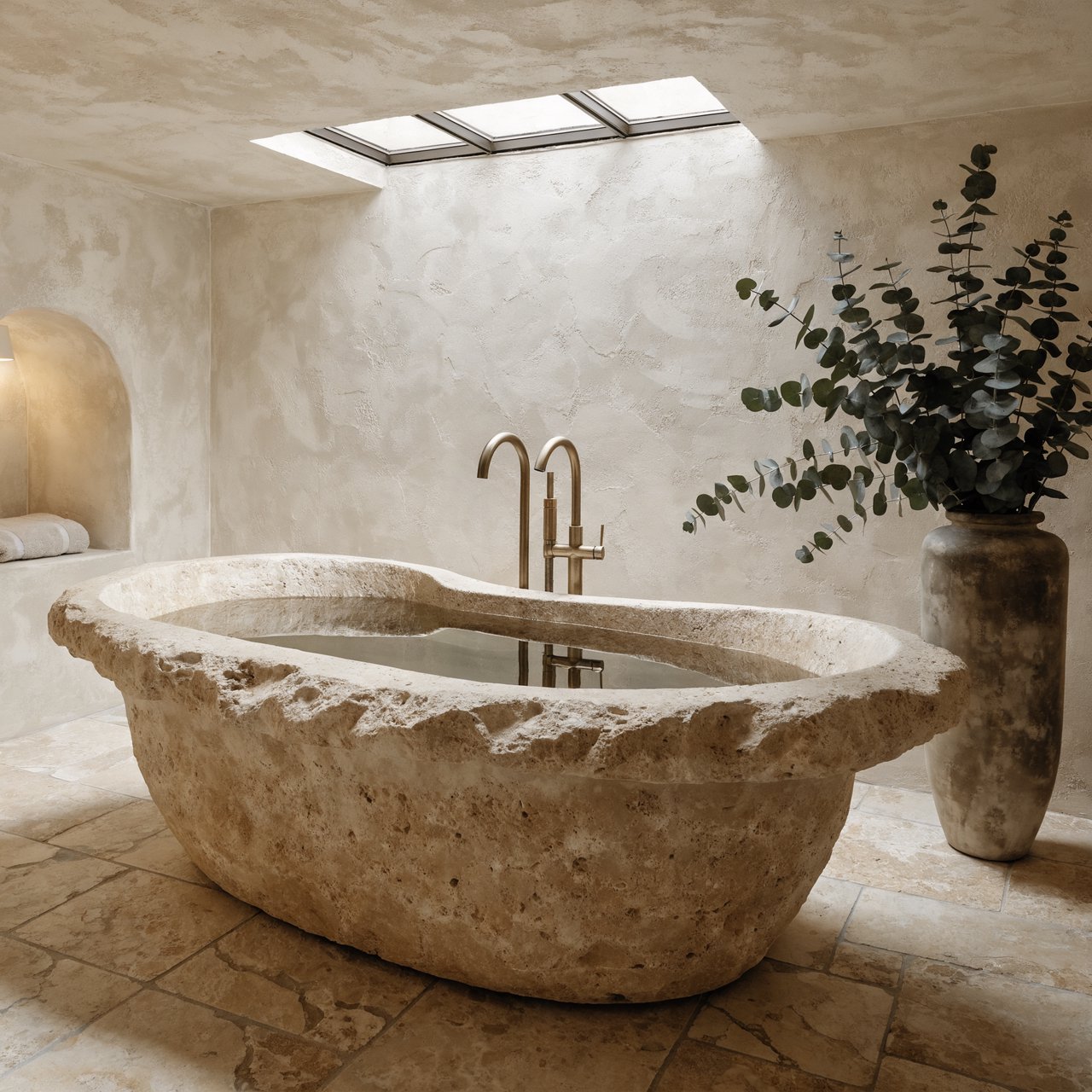 A spa bathroom with a stone tub, a skylight, plaster walls in warm white, eucalyptus in a vase, soft shadows. — Recraft v4 Pro