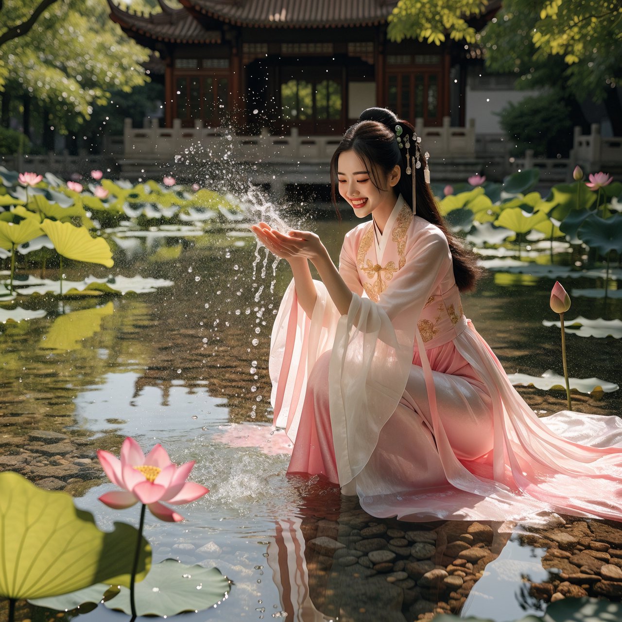 Cinematic shot, a breathtakingly stunning adult Chinese woman from ancient times playing joyfully by a crystal-clear lotus pond, mid-summer afternoon. She is wearing an exquisite, flowing silk Hanfu dress in pastel pink and white with intricate gold embroidery. Her face is porcelain-smooth, with delicate makeup, long black hair elegantly styled with jade hairpins, and a radiant, charming smile. Water droplets frozen in mid-air, sunlight filtering through lush green lotus leaves, creating dappled light on her skin. Shallow depth of field, bokeh background of traditional Chinese architecture, hyper-realistic, soft natural lighting, serene yet playful atmosphere. — Recraft v4 Pro