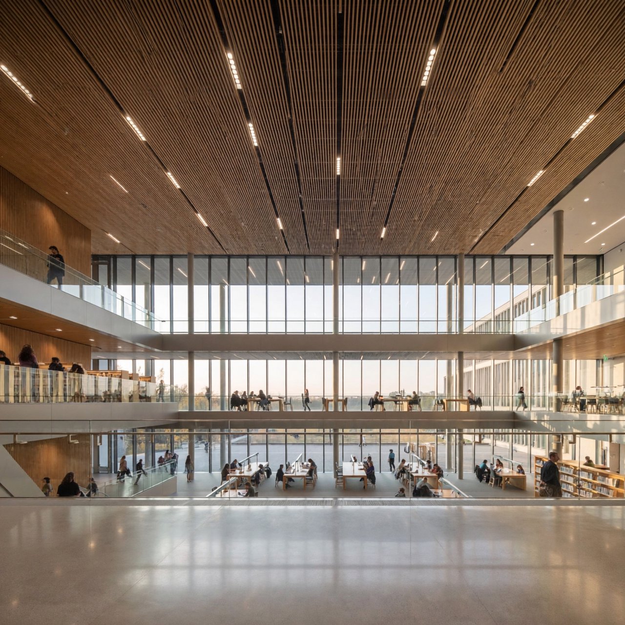 Interior of a modern public library with a three-storey atrium, timber ceiling slats, people reading, afternoon light through a glass wall. — ImagineArt 2