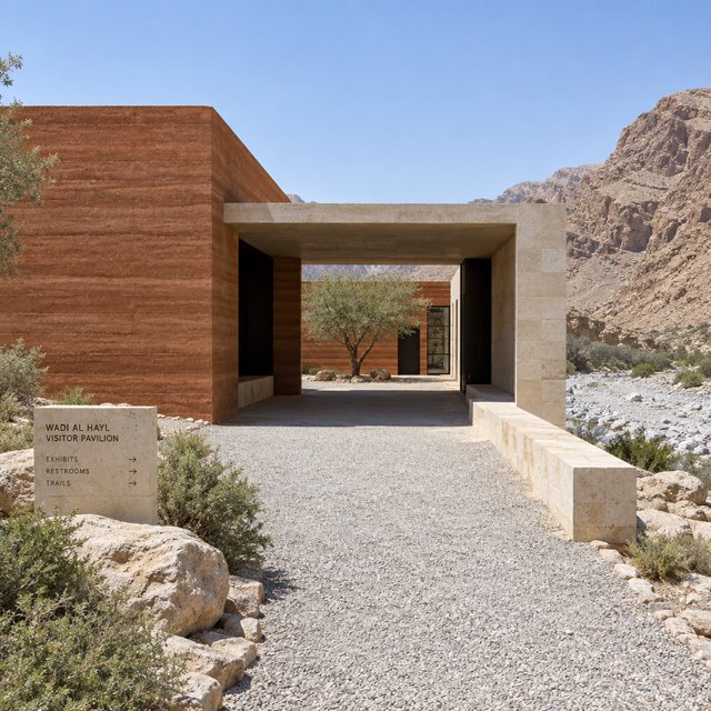 A contemporary desert visitor pavilion built from rust-colored rammed earth and pale limestone sits beside a dry wadi; deep shaded openings frame the courtyard. Hard midday sun, viewed from the gravel approach, crisp geometry and believable construction. — GPT Image 2.5 Flare