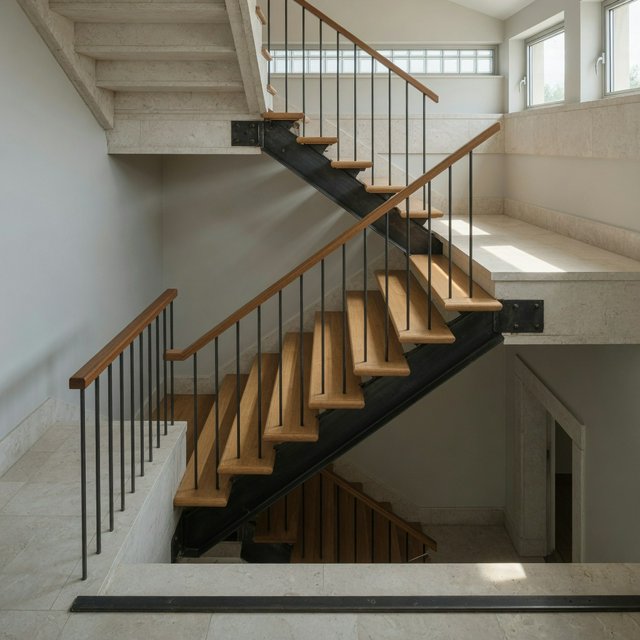 Beneath a pale limestone stairwell, a restrained mid-century modern interior frames a straight oak stair with blackened-steel stringers and limestone landings; afternoon clerestory light, viewed from the upper landing, reveals credible connections and aligned geometry. — Grok Imagine Image Quality
