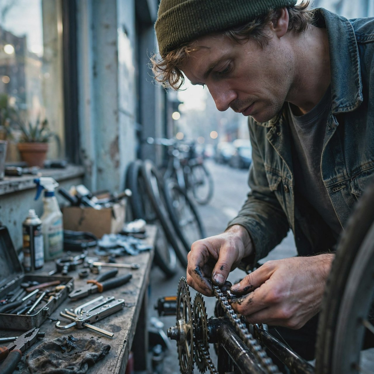 Candid documentary photograph of an adult repairing a bicycle at a quiet curbside workshop, cool morning window light, 50mm lens with shallow depth of field, grease smudges on their fingertips. — Muse Image 1.0