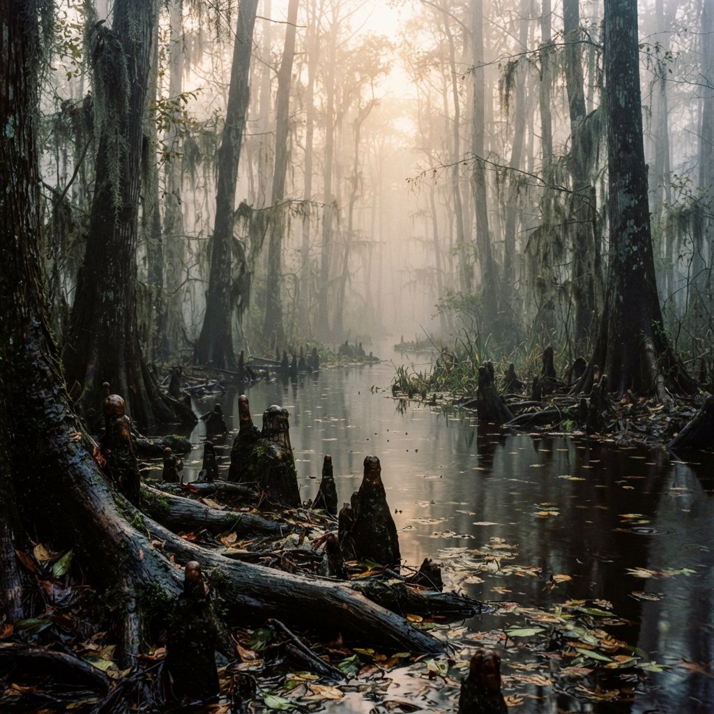 A cypress swamp at foggy sunrise after overnight drizzle, dark tea-colored water threading between moss-draped trunks; slick root knees and floating leaves lead toward pale trees disappearing into layered mist. — Nano Banana 2 Lite