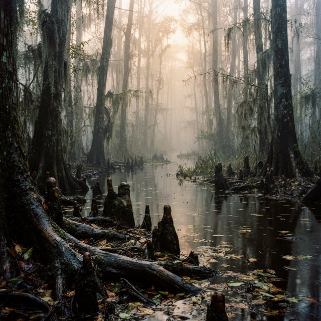 A cypress swamp at foggy sunrise after overnight drizzle, dark tea-colored water threading between moss-draped trunks; slick root knees and floating leaves lead toward pale trees disappearing into layered mist. — Nano Banana 2 Lite