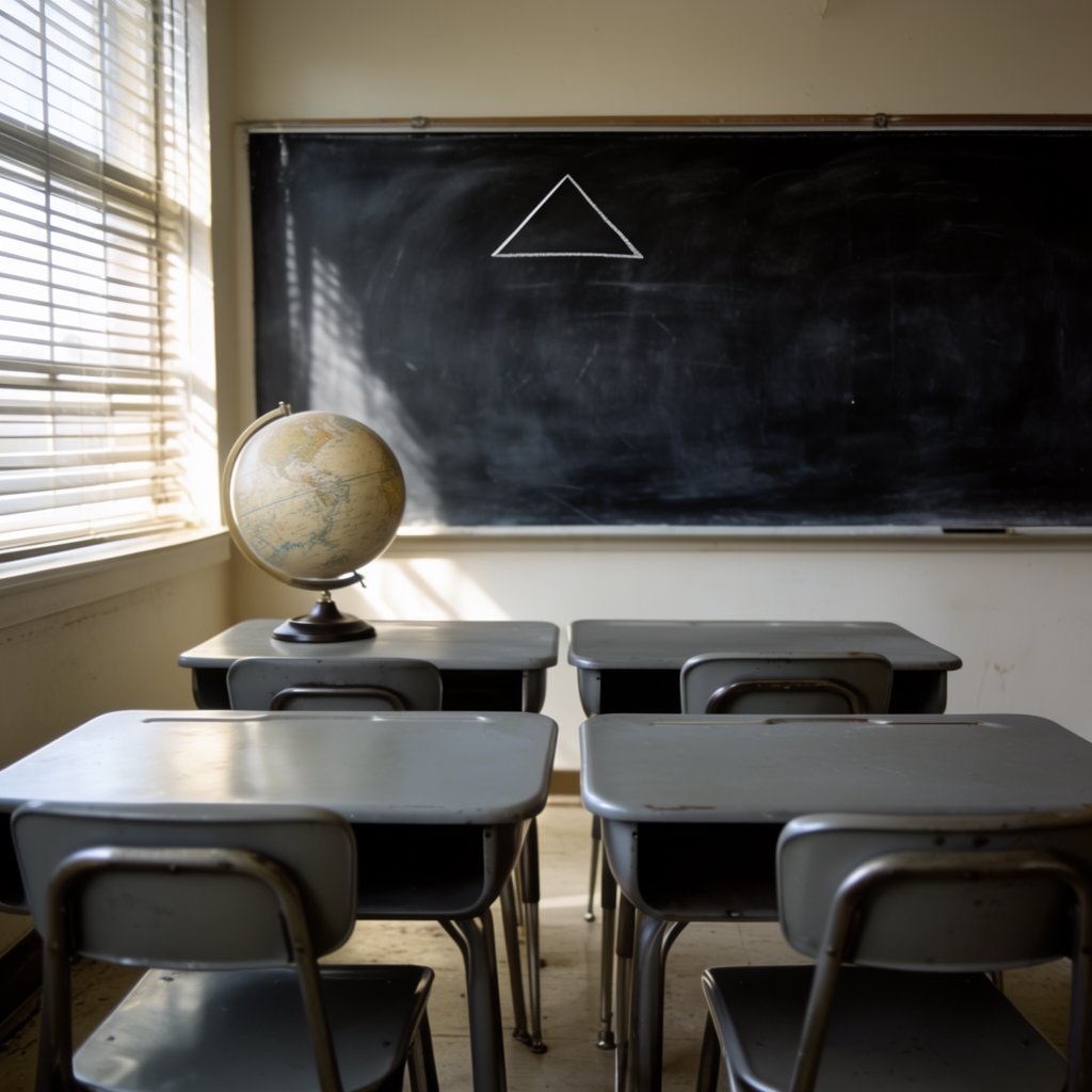 A classroom with exactly four desks in two rows, a globe on the teacher's desk, a chalkboard with a single drawn triangle, empty of people. — Krea 2 Large