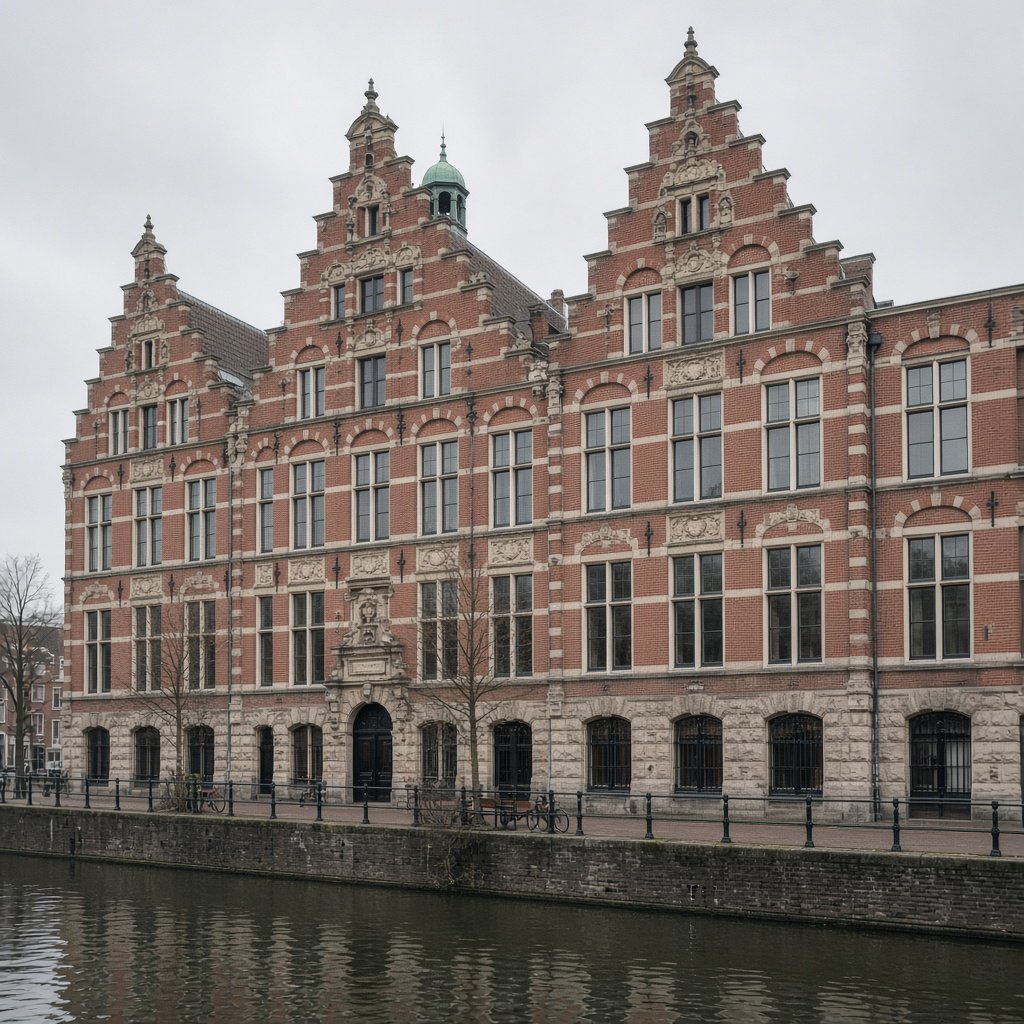 Exterior of a Dutch Renaissance canal-side archive, with warm red brick, pale stone bands, stepped gables, and tall sash windows; soft overcast light reveals the masonry, viewed from the opposite quay, with convincing structure and precise architectural lines. — Grok Imagine Image 2