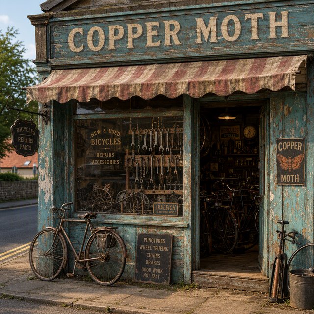 An old roadside bicycle workshop beneath a faded striped awning, rusted tools displayed in the window, with "COPPER MOTH" painted in cream block letters across the weathered wooden fascia, afternoon sunlight catching peeling turquoise paint. — GPT Image 2