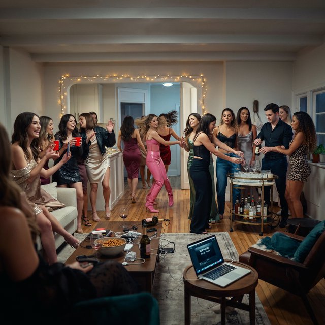 Realistic house party. Mostly adult women wearing clubwear. For every adult man, there are at least three adult women. Many angles. Vibe: very lively and fun. — Ideogram v4