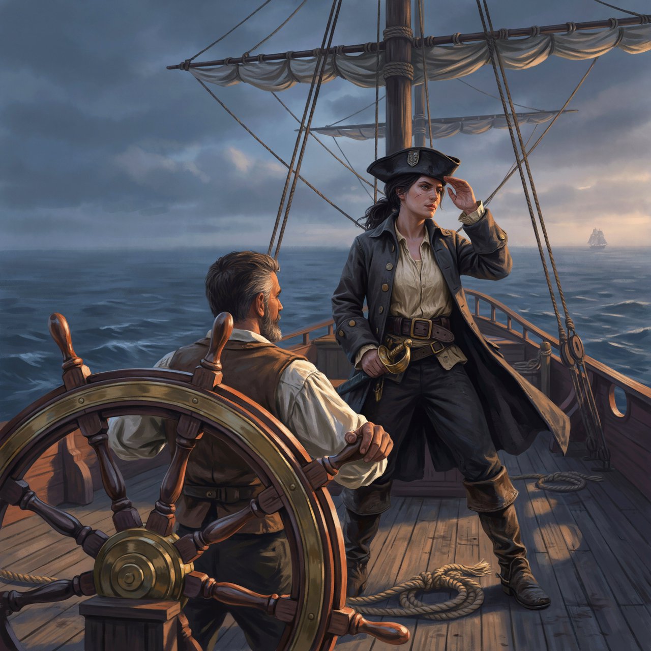 A pirate woman wearing a tricorne hat and an open coat stands behind the helmsman, scanning the horizon for danger. — Ideogram v4