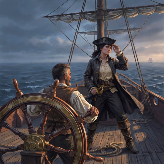 A pirate woman wearing a tricorne hat and an open coat stands behind the helmsman, scanning the horizon for danger. — Ideogram v4