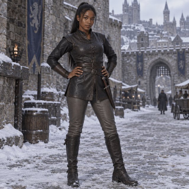 An eighteen-year-old woman. She has long straight black hair tied up, brown eyes, and dark skin. She is wearing a dark leather tunic, grey leather pants, and leather boots. She has a sheathed dagger on her hip, standing with her hands on her hips and looking at the viewer. She is standing in a snowy medieval city. — Model 4