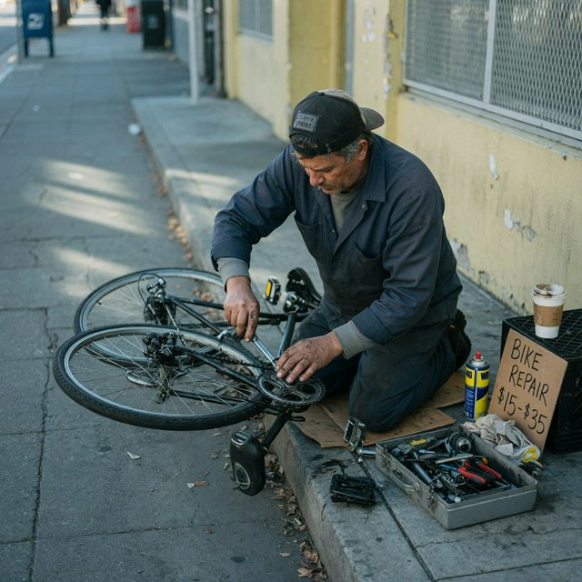 Candid documentary photograph of an adult repairing a bicycle at a quiet curbside workshop, cool morning window light, 50mm lens with shallow depth of field, grease smudges on their fingertips. — Grok Imagine Image Quality