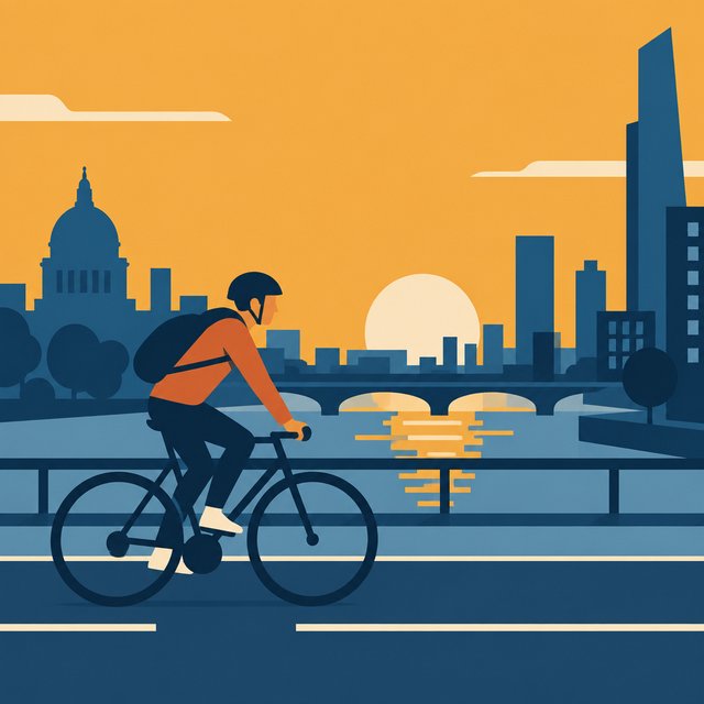 Flat vector illustration of a cyclist commuting through a city at sunrise, limited palette of five colours, geometric shapes. — GPT Image 2.5 Sunburst