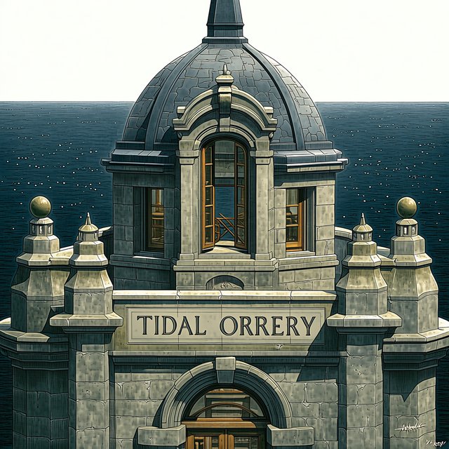 A weathered coastal observatory overlooks dark water, its brass instruments visible through arched windows; "TIDAL ORRERY" is carved into a slate lintel above the entrance, salt spray softening the deep engraved grooves. — Midjourney Niji 7