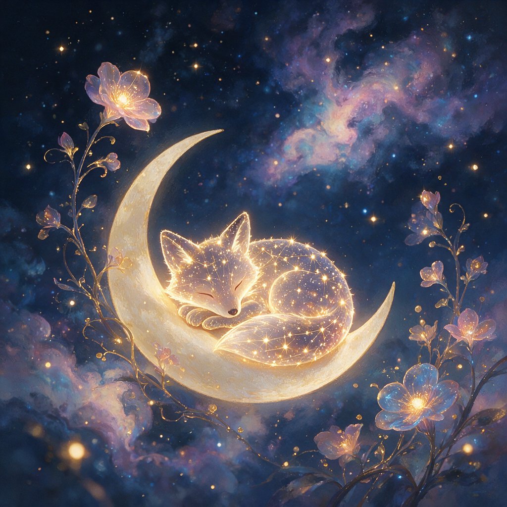 A miniature, intricately detailed fox crafted from living constellations, curled asleep atop a crescent moon. Surrounding it are delicate, bioluminescent flowers that pulse with gentle light, casting intricate shadows. The background is a deep indigo sky filled with swirling nebulae and distant, twinkling stars. The overall aesthetic is dreamlike and whimsical, with a painterly finish and a touch of cosmic wonder. — Seedream 5.0 Pro