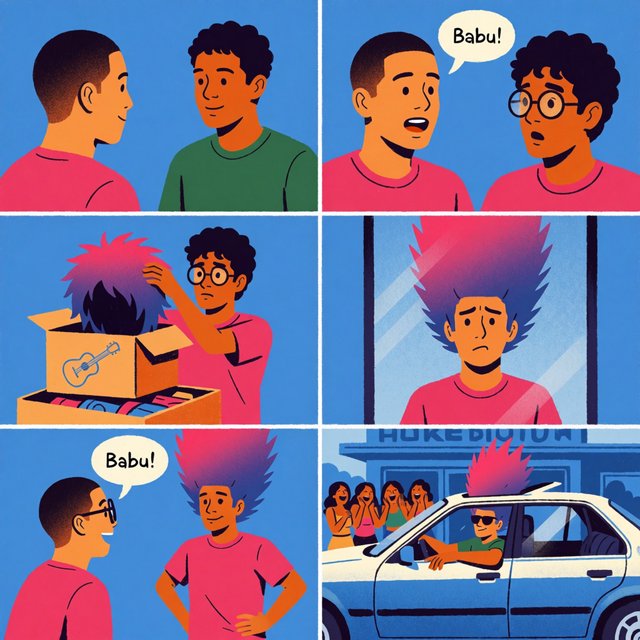 A three-row, six-panel sequence. Panel 1: A short-haired, nerdy man is talking to his friend Babu, another nerd with curly hair and round-frame glasses. They are both 20. Babu's room has a guitar and boxes full of things. Panel 2: Babu is exclaiming to his friend, saying something! Middle row, panel 3: Babu brings a spiky Mohican wig, pink to purple in color, out of one of his boxes. But it is oddly big. Panel 4: Babu stands in front of a wall mirror wearing the spiky wig—it is oddly very big! He looks concerned. Bottom row, panel 5: Babu's nerdy friend exclaims something to him, as if he has had an idea. Bottom row, panel 6: Babu is in a right-hand-drive sedan with a sunroof. Half of the spiky hair on his wig sticks out through the sunroof. The car is parked in front of a neighborhood hangout. Babu is looking out of the window, with one hand out of it. He wears sunglasses, trying to look cool. Several pretty adult women his age are giggling at him. — Krea 2 Medium