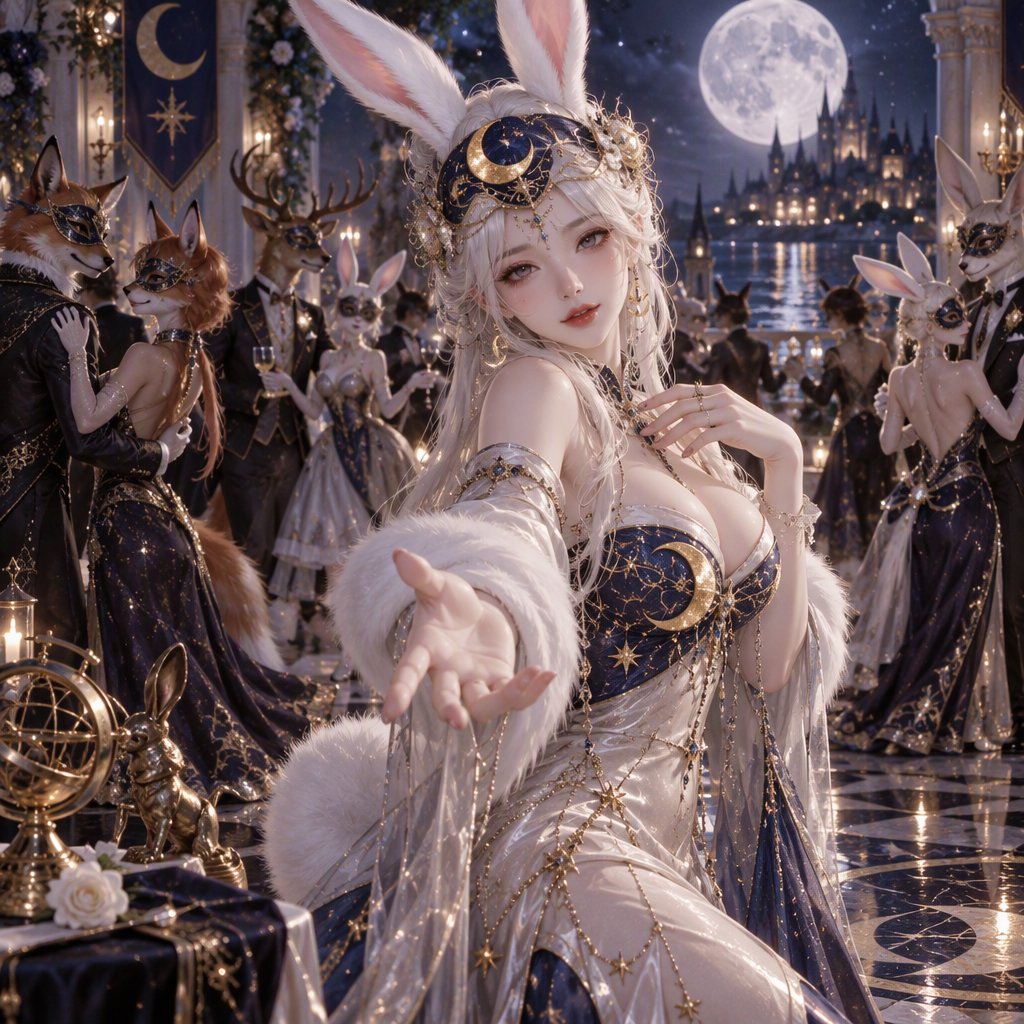 Create the most glamorous and mysterious midnight masked-ball scene, where various alluring anthropomorphic animals, such as foxes, deer, and rabbits, pose and dance under the moon. They wear moon-themed masks. In the middle foreground stands the most exquisite, alluring human-rabbit hybrid, with long white rabbit ears, a pulchritudinous East Asian face, an hourglass figure, rabbit-fur features, and human skin blended aesthetically. She wears the most exquisite silk dress with moon patterns and cross-star embroidery. She poses in a beckoning gesture, inviting the viewer to be her dance partner at the masquerade. No speech. — GPT Image 2.5 Sunburst