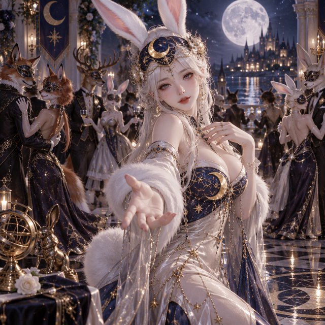 Create the most glamorous and mysterious midnight masked-ball scene, where various alluring anthropomorphic animals, such as foxes, deer, and rabbits, pose and dance under the moon. They wear moon-themed masks. In the middle foreground stands the most exquisite, alluring human-rabbit hybrid, with long white rabbit ears, a pulchritudinous East Asian face, an hourglass figure, rabbit-fur features, and human skin blended aesthetically. She wears the most exquisite silk dress with moon patterns and cross-star embroidery. She poses in a beckoning gesture, inviting the viewer to be her dance partner at the masquerade. No speech. — GPT Image 2.5 Sunburst