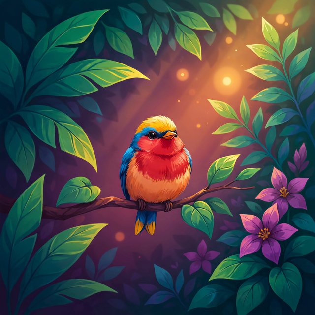 Create a vibrant digital artwork with clean lines depicting a small, colorful bird in the jungle. Combine rich, warm tones—such as soft orange, bold red, and dynamic yellow—with cool colors like brilliant blue, emerald green, and radiant violet. The atmosphere should feel fairytale-like, enhanced by striking lighting that underscores the scene's magic. Use bright, bold colors harmoniously to create a balanced composition. The overall style should be imaginative and captivating, transporting the viewer to another world. — Ideogram v4.5