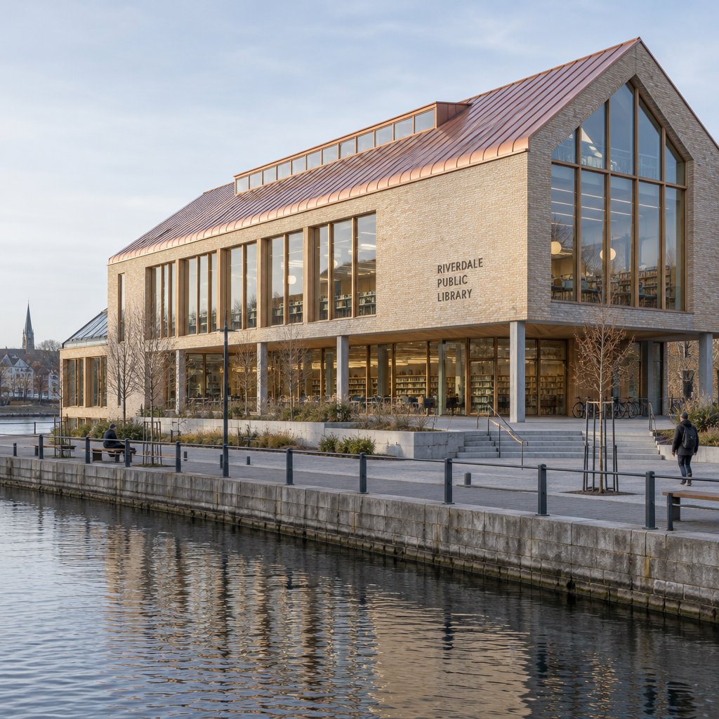 A riverside public library in contemporary Nordic brick architecture combines pale buff brick, oak-framed glazing, and a copper roof; cool morning light grazes its elevations, viewed from across the promenade, with straight lines and credible supports. — GPT Image 2.5 Flare