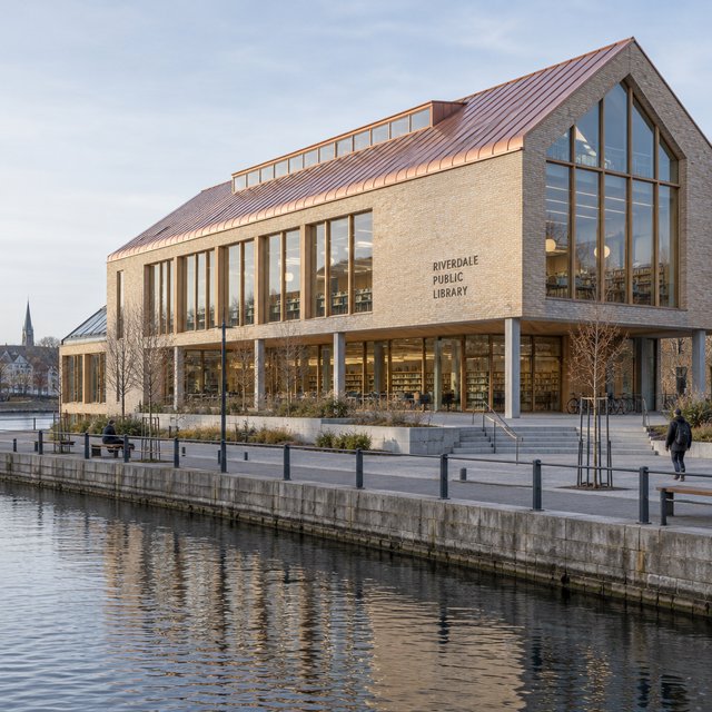 A riverside public library in contemporary Nordic brick architecture combines pale buff brick, oak-framed glazing, and a copper roof; cool morning light grazes its elevations, viewed from across the promenade, with straight lines and credible supports. — Model 3