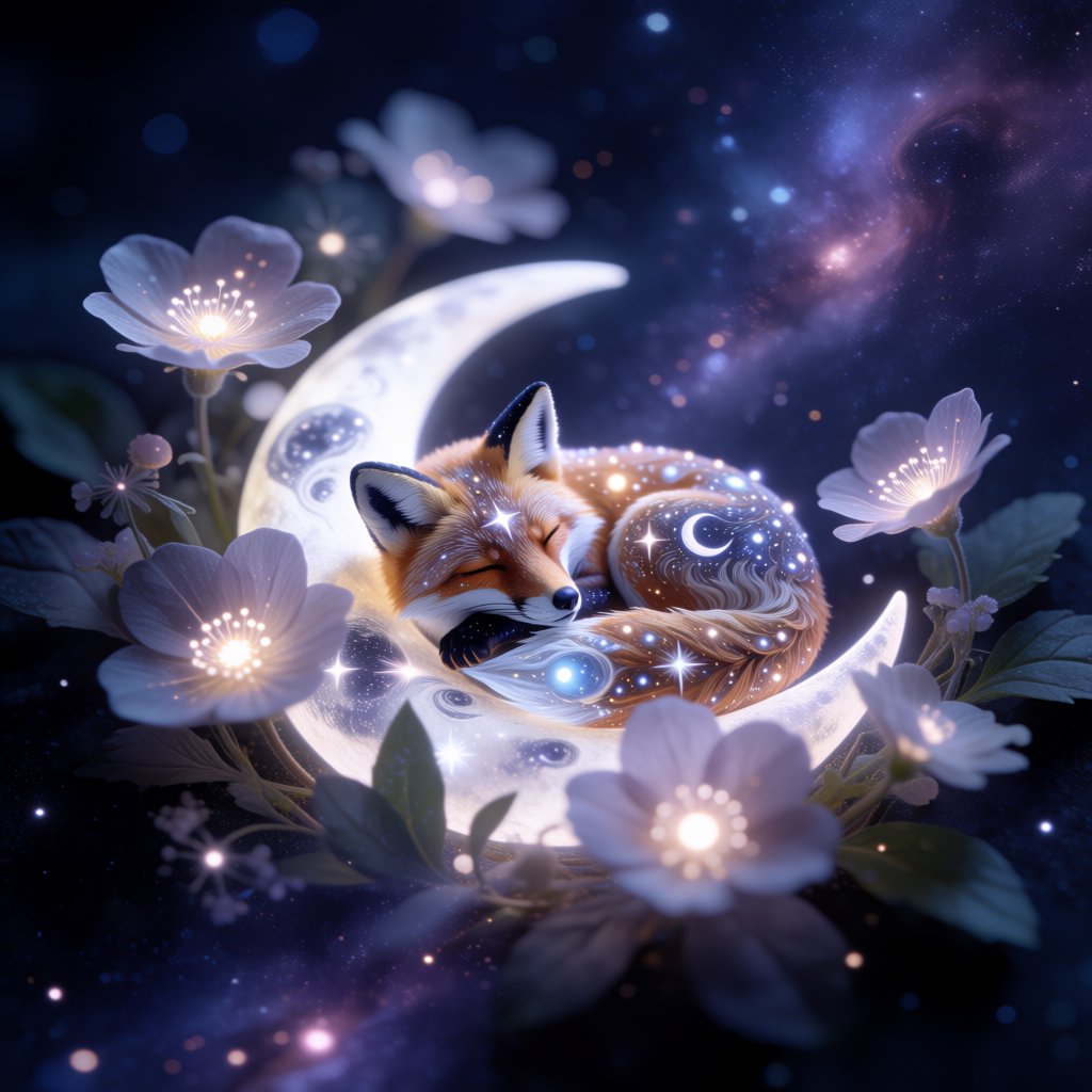 A miniature, intricately detailed fox crafted from living constellations, curled asleep atop a crescent moon. Surrounding it are delicate, bioluminescent flowers that pulse with gentle light, casting intricate shadows. The background is a deep indigo sky filled with swirling nebulae and distant, twinkling stars. The overall aesthetic is dreamlike and whimsical, with a painterly finish and a touch of cosmic wonder. — Krea 2 Medium