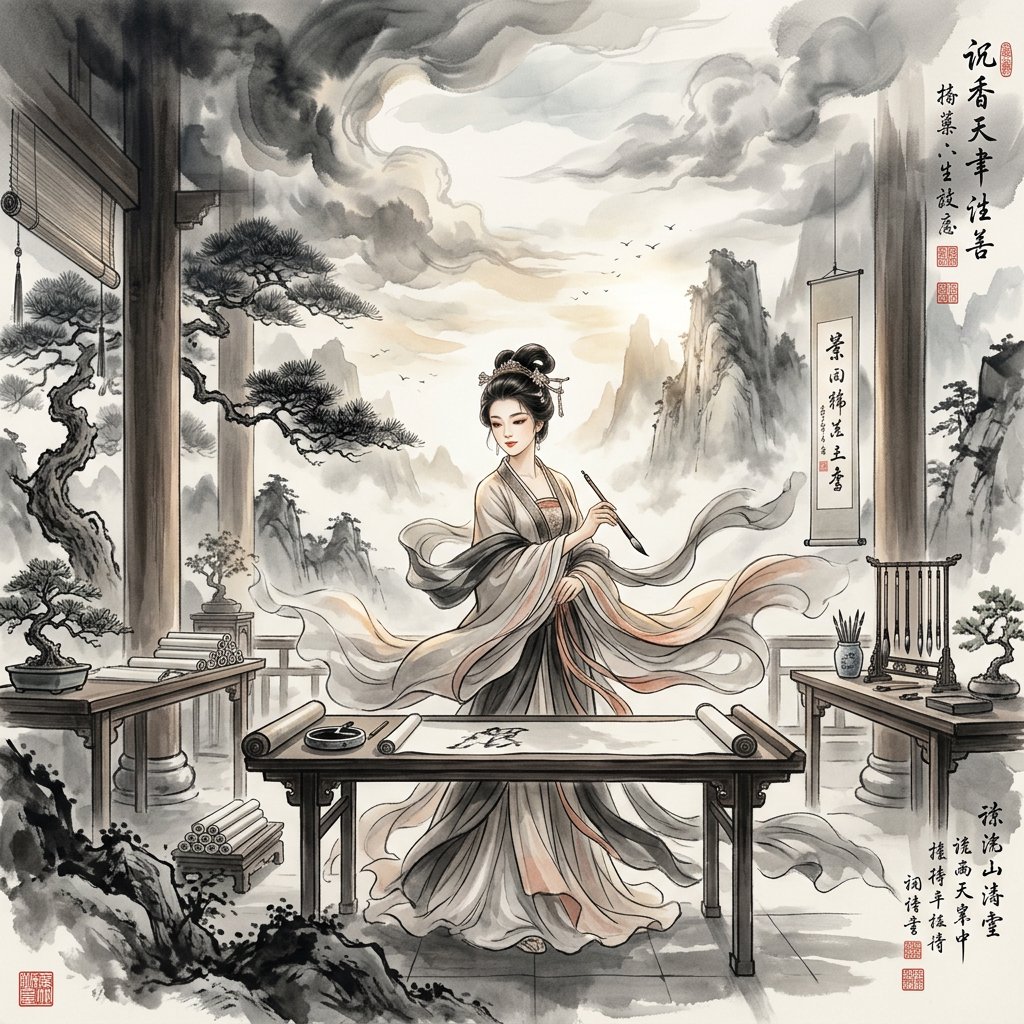 Heaven above, earth below. Ink-painting studio. Chinese painting style. Alluring. Peerless adult beauty. Radiant. — Nano Banana 2.1