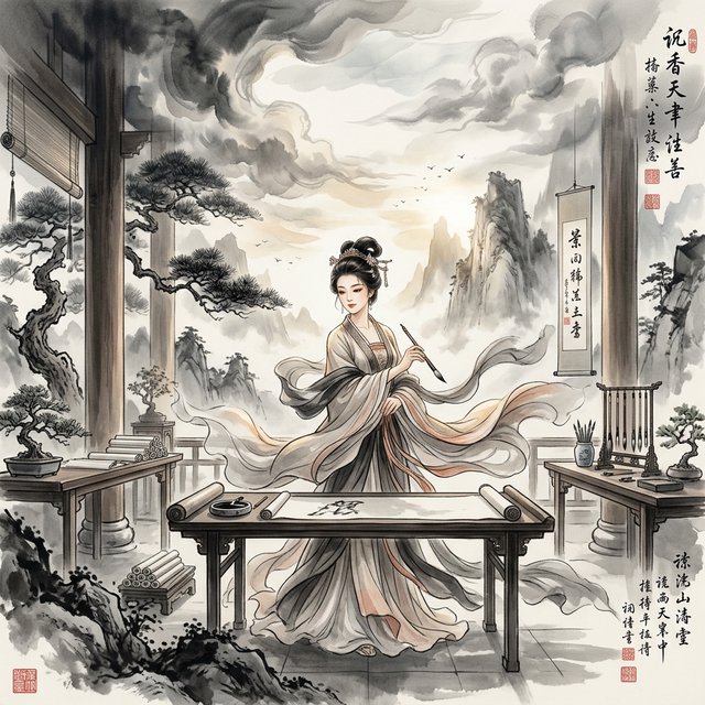 Heaven above, earth below. Ink-painting studio. Chinese painting style. Alluring. Peerless adult beauty. Radiant. — Nano Banana 2.1