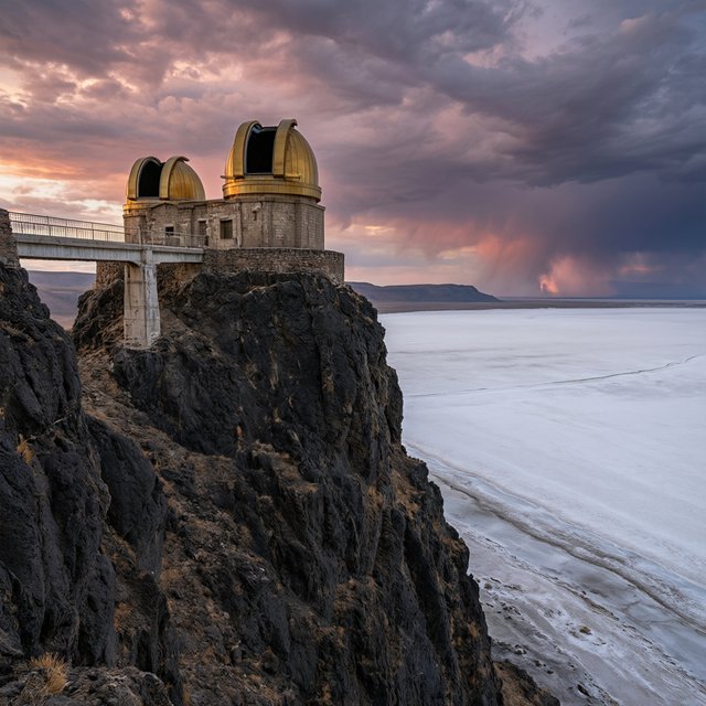 A wind-carved observatory crowns black cliffs above a silver inland sea, its open brass domes catching the last rose light. Salt mist drifts through suspended bridges as distant storms flicker beyond the horizon. — Qwen Image 3.0 Pro