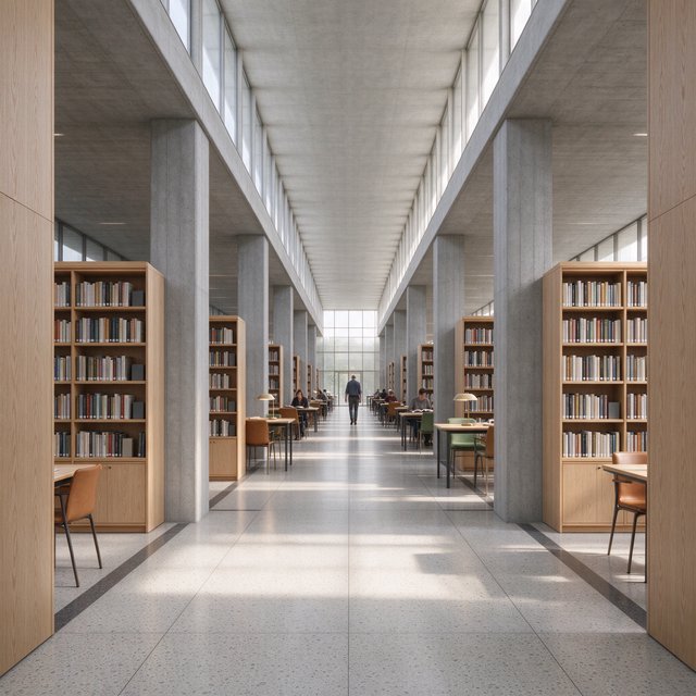 Interior of a mid-century modernist public library, with pale oak shelving, exposed concrete columns, terrazzo flooring, and a broad clerestory. Diffuse morning light crosses the reading hall, viewed from the entrance down its central aisle, with precise lines and plausible structure. — Seedream 5.0 Flash
