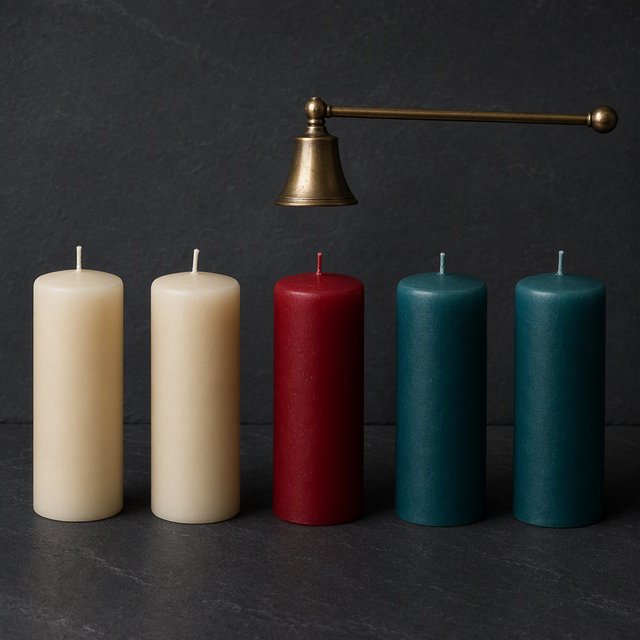 Exactly five candles stand on a dark slate tabletop: two ivory candles on the left, one red candle in the center, and two teal candles on the right. A brass snuffer sits above the red candle, nothing else. — GPT Image 2