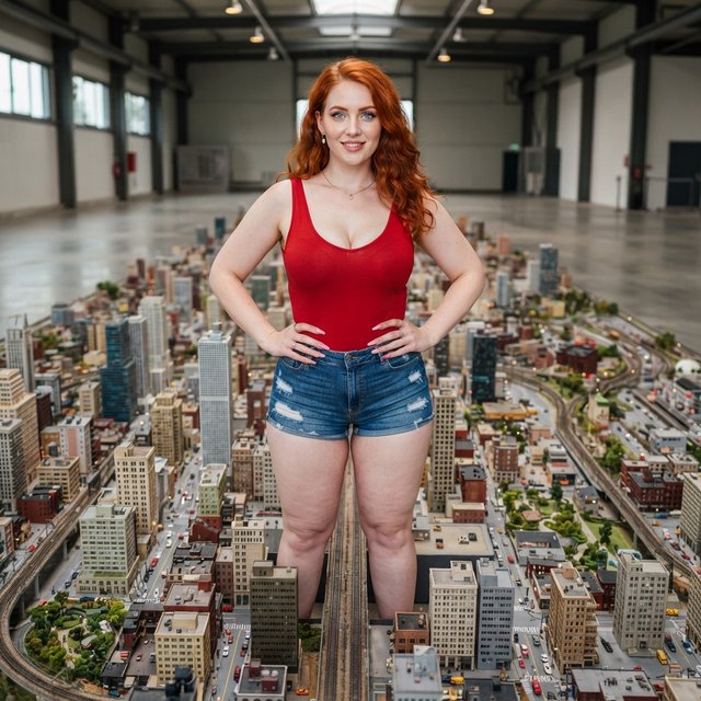 A beautiful adult woman with red hair, pale skin, and blue eyes. She has a slim but curvy body, a very large bust, and thick thighs. She has long pink manicured nails and is wearing a red low-cut singlet and tight denim shorts, along with light makeup. She is standing in a large empty space. A realistic-looking miniature city covers the whole floor, and the woman is standing in the middle of it with her hands on her hips, looking at the viewer. — Nano Banana 2 Lite