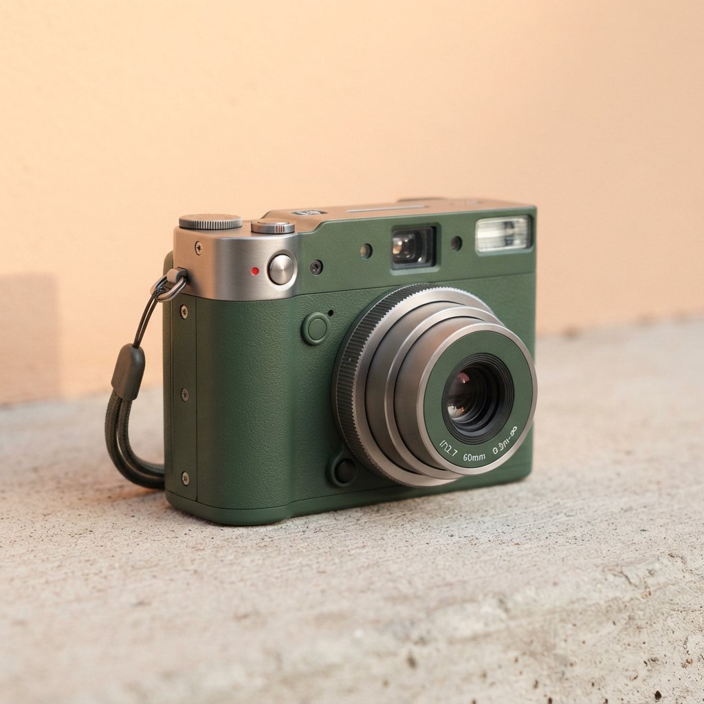 Commercial product photograph of an unbranded compact instant camera in matte forest-green polymer with brushed steel details, resting on a pale concrete surface against a warm peach background, illuminated by broad diffused studio light and a soft rim light. — Nano Banana 2 Lite