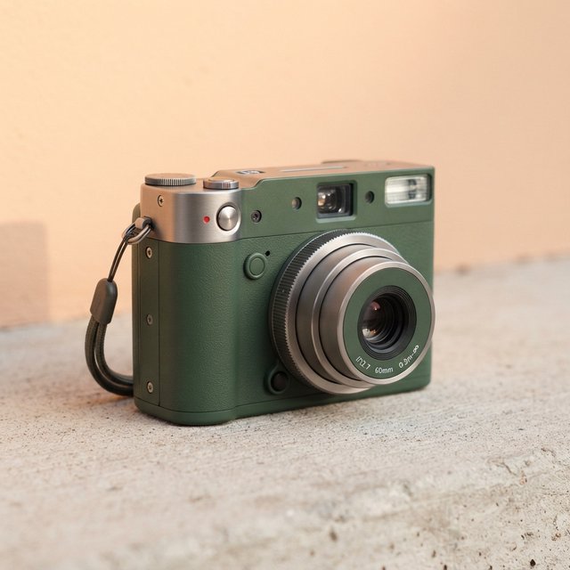 Commercial product photograph of an unbranded compact instant camera in matte forest-green polymer with brushed steel details, resting on a pale concrete surface against a warm peach background, illuminated by broad diffused studio light and a soft rim light. — Nano Banana 2 Lite