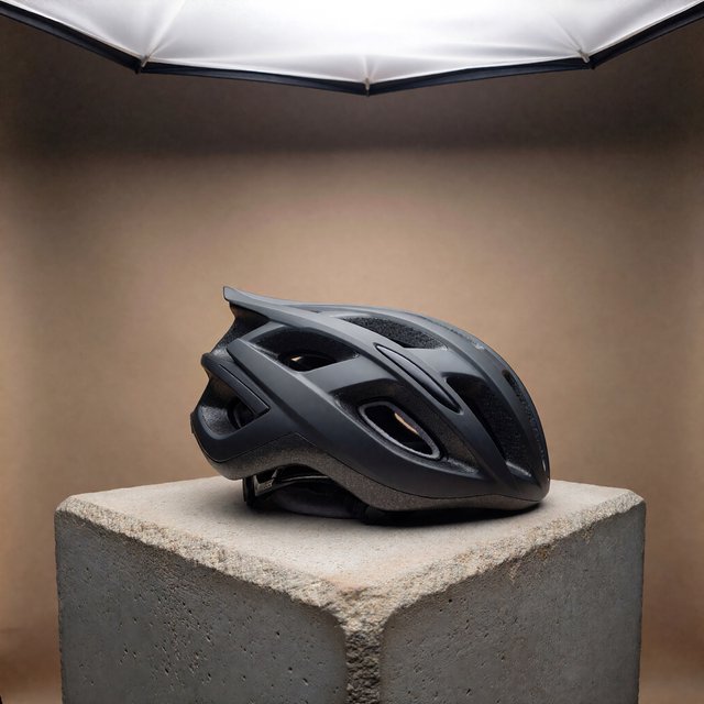 Commercial product photograph of an unbranded folding bicycle helmet made from matte charcoal polymer with soft gray padding, resting on a honed concrete plinth against a muted sand background, illuminated by a broad overhead softbox and gentle rim light. — ImagineArt 1.5 Pro