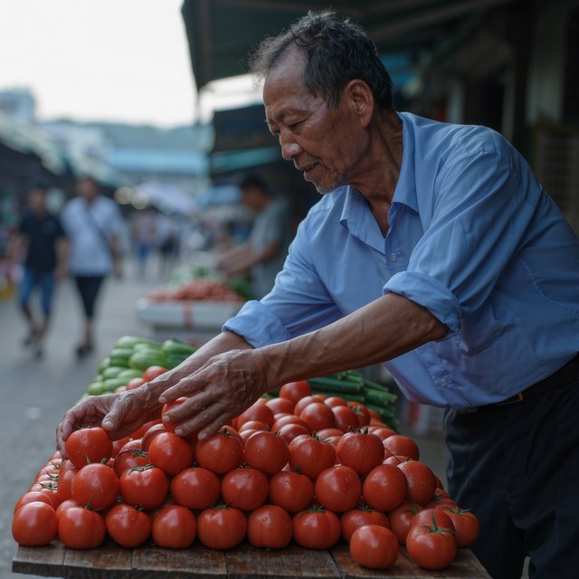 Candid documentary photograph of an adult market vendor arranging ripe tomatoes at an outdoor produce stall, cool early-morning side light, 50mm lens with shallow depth of field, condensation droplets beading on the tomato skins. — Kling v3 Omni