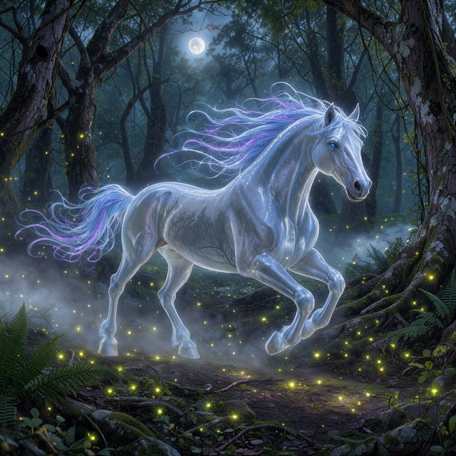 A majestic horse with a spectral mane and tail gallops through an enchanted, moonlit forest. Glimmering fireflies illuminate the path, casting an ethereal glow on ancient trees. The horse appears translucent, as if it's a phantom from another realm. The style is digital art, with surrealism and cinematic lighting to enhance the mysterious atmosphere — FLUX 3 Image Klein