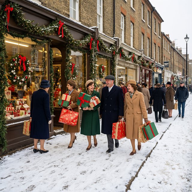 A UK High Street in the 1950s at Christmas time. The roads are covered in snow. The shop windows are decked out for Christmas and the happy adult shoppers are loaded up with gifts for loved ones. The mood is bright and Christmassy. — Model 18