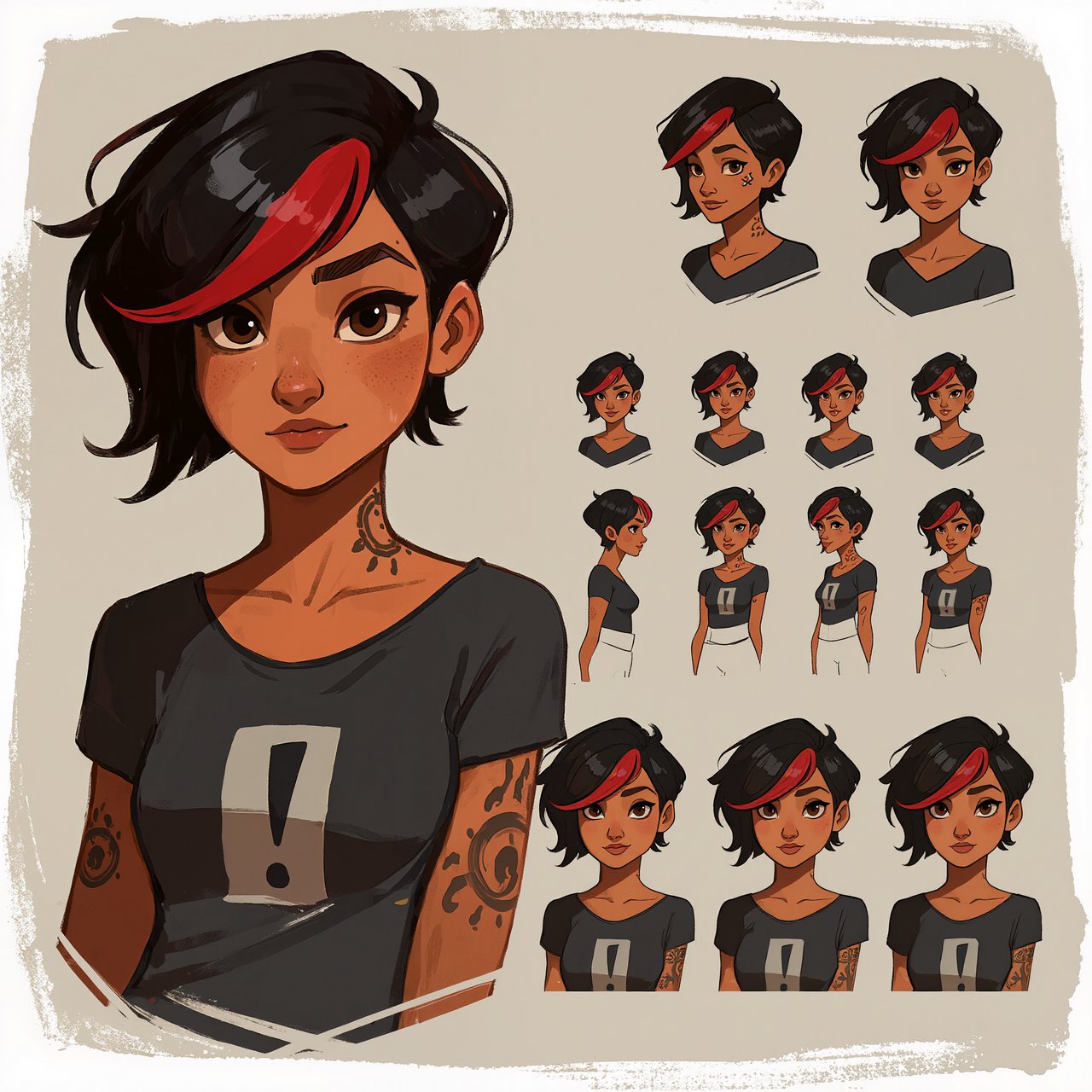 Character exploration sheet of the same 25-year-old Indian woman in several bust and waist-up studies, varied expressions and three-quarter views, one larger central portrait. Warm brown skin, black pixie haircut with red streaks, tattoos, tight T-shirt bearing an exclamation mark (!). Plain warm light-gray background, irregular painted edges. Stylized semi-realistic digital painting with animation-inspired proportions, large expressive eyes, strong brows, simplified anatomy and convincing volume. Minimal linework, soft blended facial shading, broad angular brushstrokes on clothing. Luminous warm brown skin with terracotta undertones, subtle blush, restrained highlights. Hair painted in sculpted masses with broad highlights and fine flyaways. Muted charcoal and earthy neutrals, soft directional studio lighting, detailed eyes and lips, loose edges and unfinished brushwork. — Kling v3