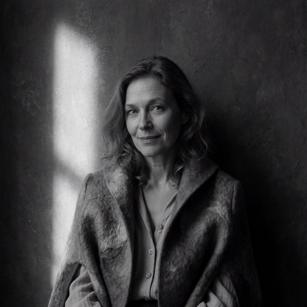 Under a narrow window beam, an adult woman in her late 50s wears a sculpted wool cape over a cotton blouse; her wry expression rests against a charcoal plaster backdrop in a black-and-white portrait, shaped by soft angled light. — Krea 2 Medium