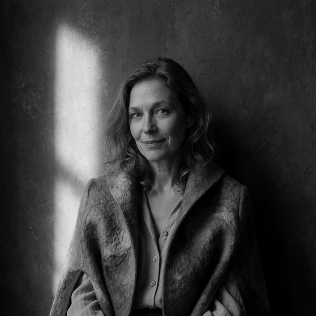 Under a narrow window beam, an adult woman in her late 50s wears a sculpted wool cape over a cotton blouse; her wry expression rests against a charcoal plaster backdrop in a black-and-white portrait, shaped by soft angled light. — Krea 2 Medium