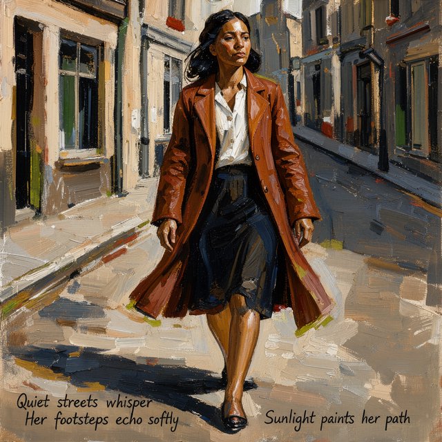 Confident, loaded brushstrokes build flesh from a tightly restricted range of warm earths, black, and white, allowing skin to glow through close value control. Thick ridges of paint make bodies feel weighty and physically immediate. Hard theatrical illumination cuts across the forms, while lurid complementary accents flare against deep shadow. Edges alternate between blunt definition and swift painterly loss, leaving subjects and settings compositionally intact. Quiet streets whisper / Her footsteps echo softly / Sunlight paints her path — FLUX 3 Image Klein