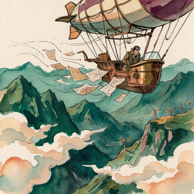 Ink-and-gouache illustration of an adult cartographer steering a small airship above a cloud-filled mountain valley, maps fluttering from the cabin and wind turbines turning below. Palette of emerald, ochre, plum, and cream, with lively linework and atmospheric washes. — ImagineArt 2