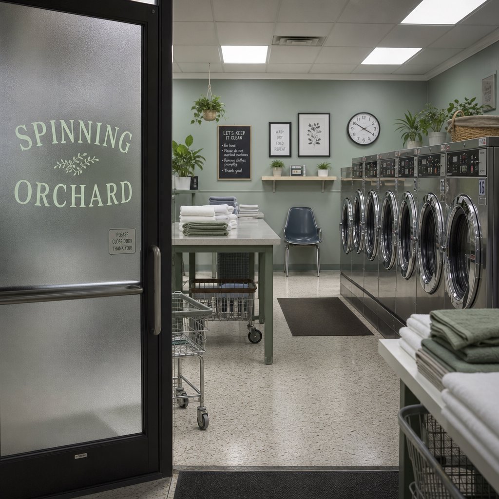 Inside a quiet neighborhood laundromat, chrome machines and folded linen glow beneath cool ceiling lights; "SPINNING ORCHARD" is printed in pale mint letters on the frosted glass entry door. — GPT Image 2