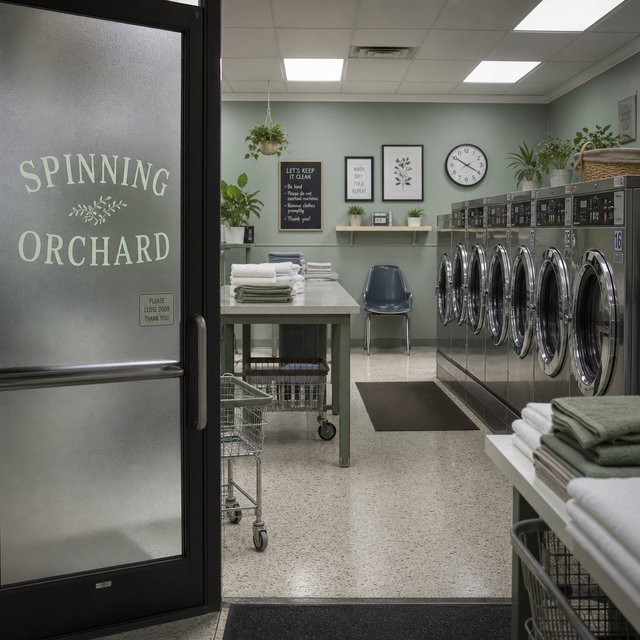 Inside a quiet neighborhood laundromat, chrome machines and folded linen glow beneath cool ceiling lights; "SPINNING ORCHARD" is printed in pale mint letters on the frosted glass entry door. — GPT Image 2