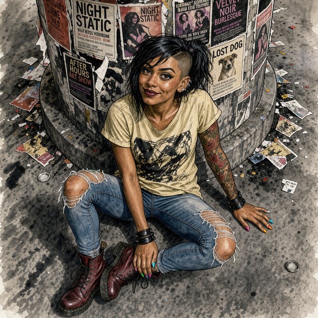 Realistic India ink illustration with crisp black lines, realistic anatomy and proportions, and watercolor fills; black ink outlines remain visible. Full-length, overhead view. A Latina woman sits on the pavement with her back against an enormous, thick round downtown pillar covered in posters for bands, art shows, burlesque, and a lost dog. One hand rests on the pavement, the other on an ankle. She tilts her head back, looking up at the viewer with a confident smile. Character: 25-year-old woman, medium-brown skin, slim build, edgy punk/goth appearance. Black asymmetrical undercut, right side shaved, longer top brushed across forehead, short messy ponytail. Sharp features, arched brows, brown almond-shaped eyes, heavy eyeliner, dark burgundy lipstick, six ear piercings. Each fingernail a different color. Loose pale-yellow graphic T-shirt, ripped blue jeans, dark red combat boots. Full left-arm sleeve tattoo of vines, leaves, and red roses. Thick black leather bracelets on both wrists. — FLUX 3 Image