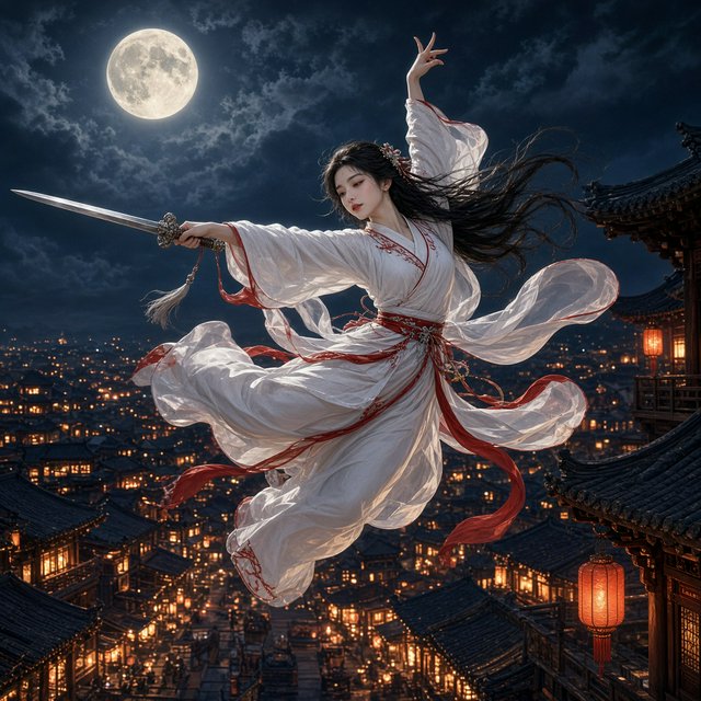 Elegant young adult Chinese female dancer performing a sword dance on a rooftop in ancient China at night, wearing flowing hanfu in primary white with secondary red accents. She leaps high in midair with her body arched backward, sword arm thrust forward, while her other arm rises gracefully above her with the hand forming delicate orchid fingers. Frontal three-quarter view, long black hair and sleeves flowing, expressive elegant pose, lantern-lit ancient city below, glowing rooftops and streets, romantic moonlit atmosphere. — Grok Imagine Image 2